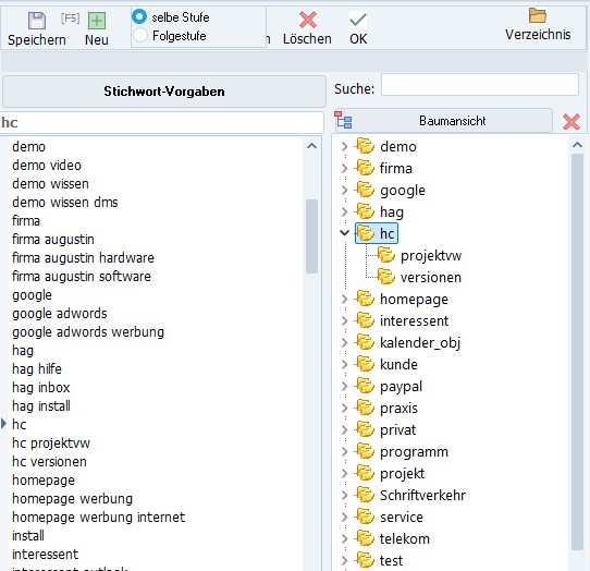 Stichwörter als Baumansicht