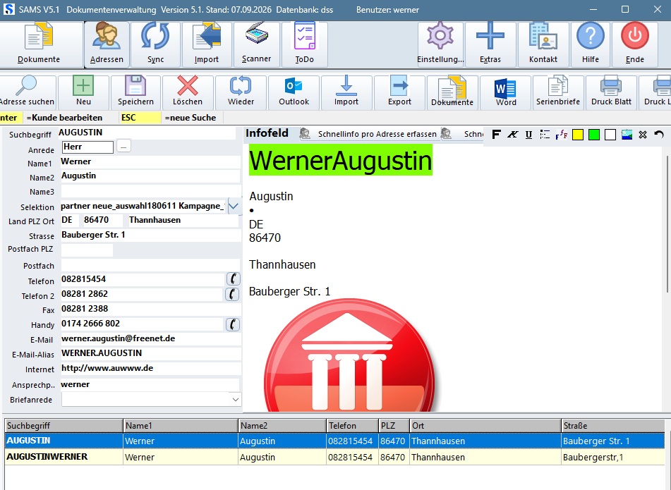 Ansicht Adressen Kontakte mit Infofeld